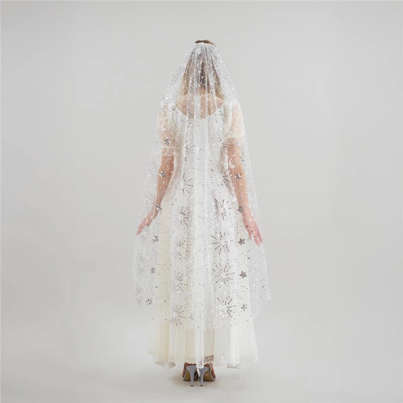 Celestial Silver Sequins Sparkly Bridal Wedding Veils With Comb Accessories Cathedral Long Stars  And Moon Tulle Starry Motifs