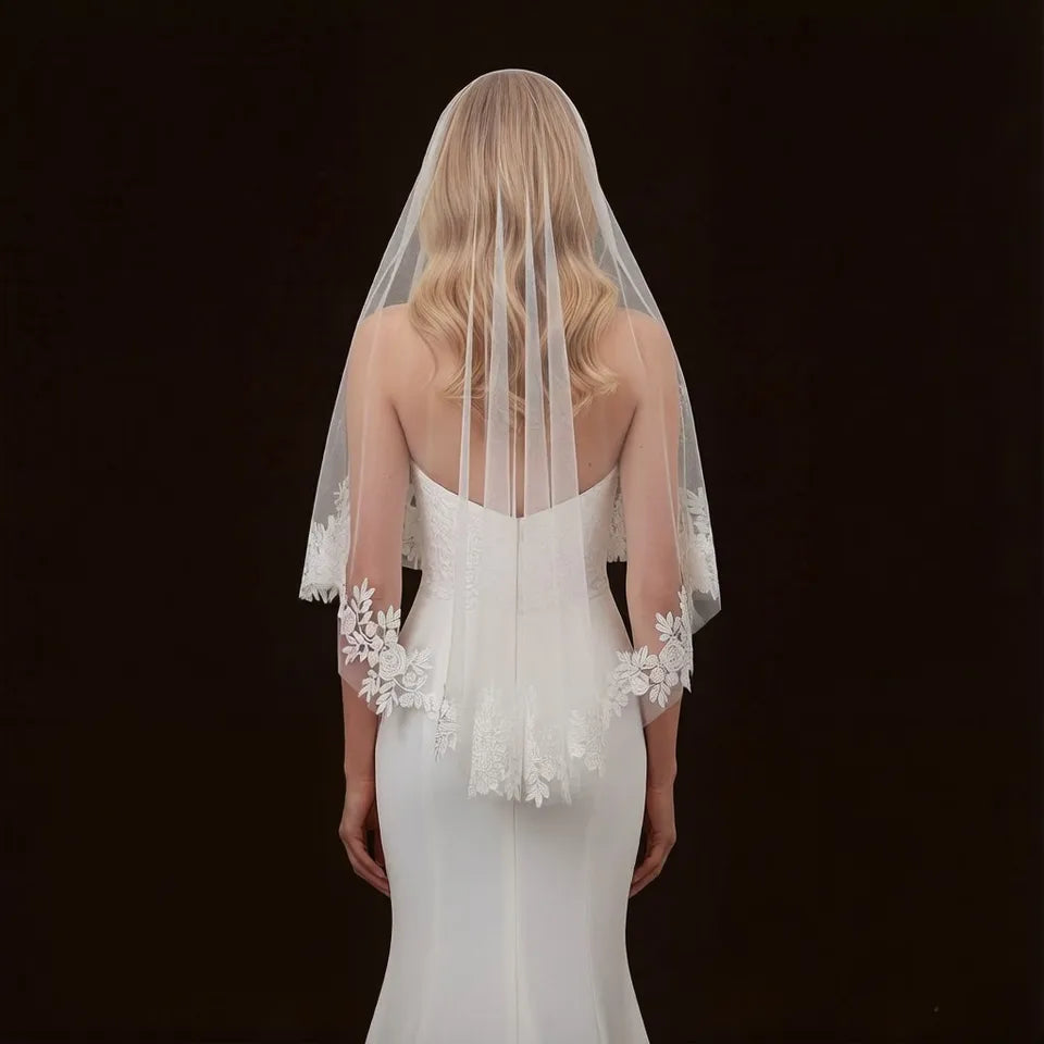 Elegant Bridal Wedding Veil Bridal Rose Lace Appliques White Ivory Soft Tulle With Comb Fingertip Face Cover Accessory G164