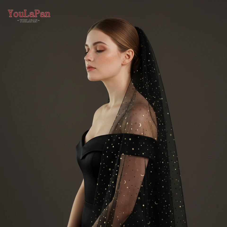 TOPQUEEN Bridal Black Soft Gauze Veil Single Layer 1m Star Moon Gold Sequin Black Wedding Veil Party Accessories Flash V209