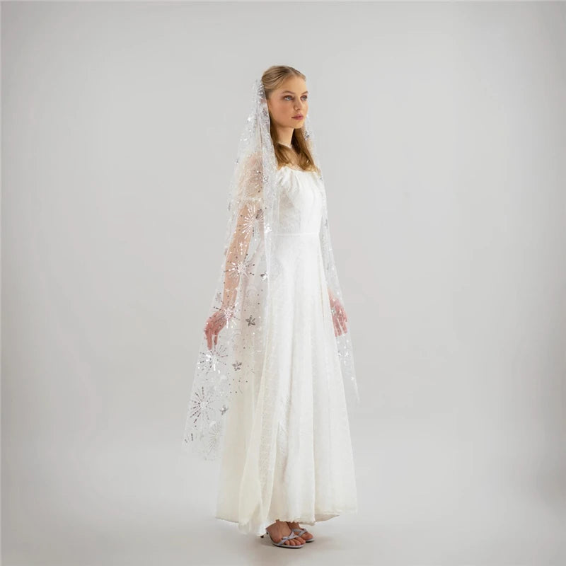 Celestial Silver Sequins Sparkly Bridal Wedding Veils With Comb Accessories Cathedral Long Stars  And Moon Tulle Starry Motifs