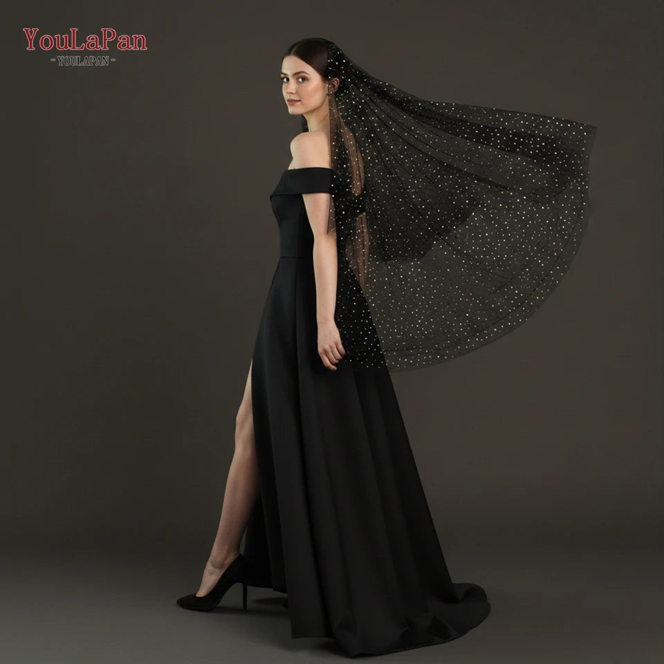 TOPQUEEN Bridal Black Soft Gauze Veil Single Layer 1m Star Moon Gold Sequin Black Wedding Veil Party Accessories Flash V209