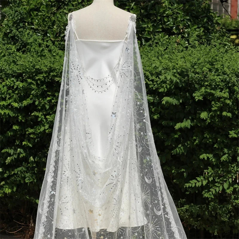 White Silver Sequins Sparkly Bridal Wedding Cape Shoulder Veils Accessories Cathedral Long Stars Moon Night Lace Tulle Starry