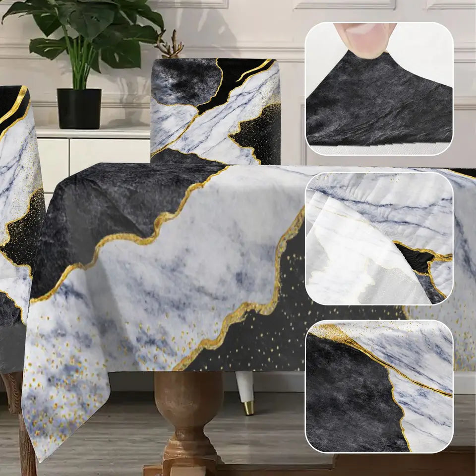 LANMOLIFE 5/7PCS Dining Chair Cover Tablecloth Set Dreamy Luxury Gold Lantern Moon Pattern Soft Fabric for Banquets Home Decor