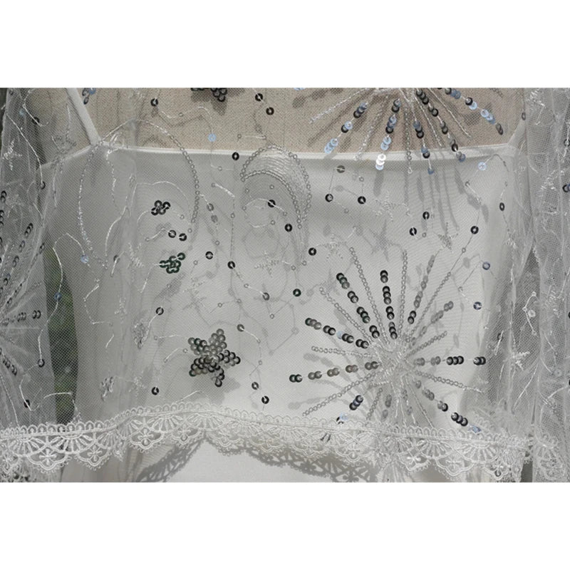 White Silver Sequins Sparkly Bridal Wedding Cape Shoulder Veils Accessories Cathedral Long Stars Moon Night Lace Tulle Starry