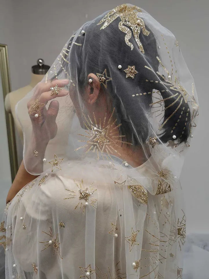 Customize Hooded Wedding Cape with Pearls Gold Dust Star Moon Pegasus Fairytale Cloak Wrap 3 M Long Train Wedding Cape with Hood