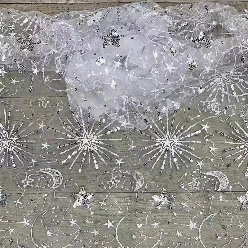 Celestial Silver Sequins Sparkly Bridal Wedding Veils With Comb Accessories Cathedral Long Stars  And Moon Tulle Starry Motifs