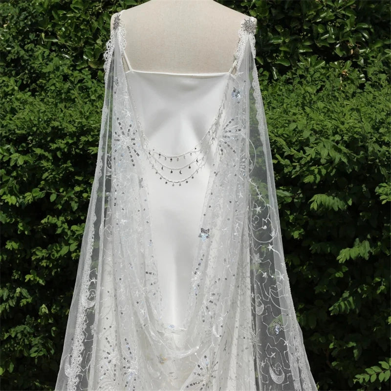 White Silver Sequins Sparkly Bridal Wedding Cape Shoulder Veils Accessories Cathedral Long Stars Moon Night Lace Tulle Starry