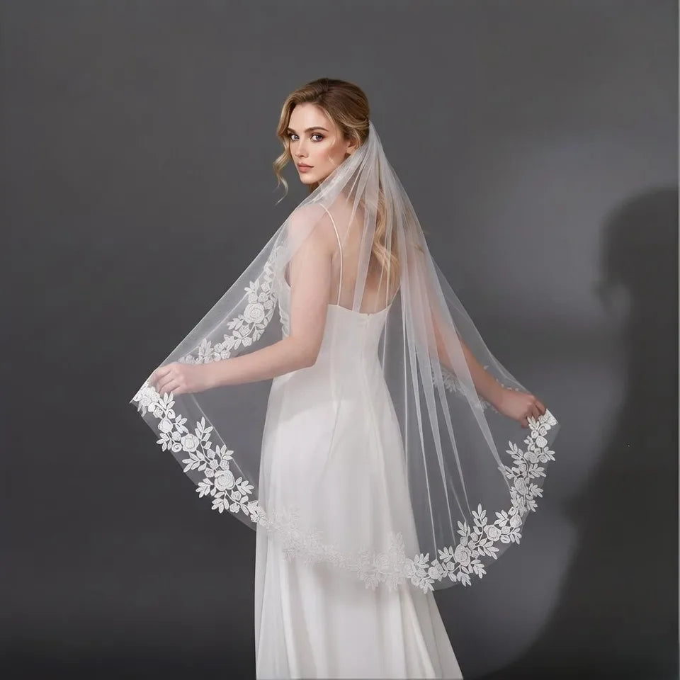 Elegant Bridal Wedding Veil Bridal Rose Lace Appliques White Ivory Soft Tulle With Comb Fingertip Face Cover Accessory G164