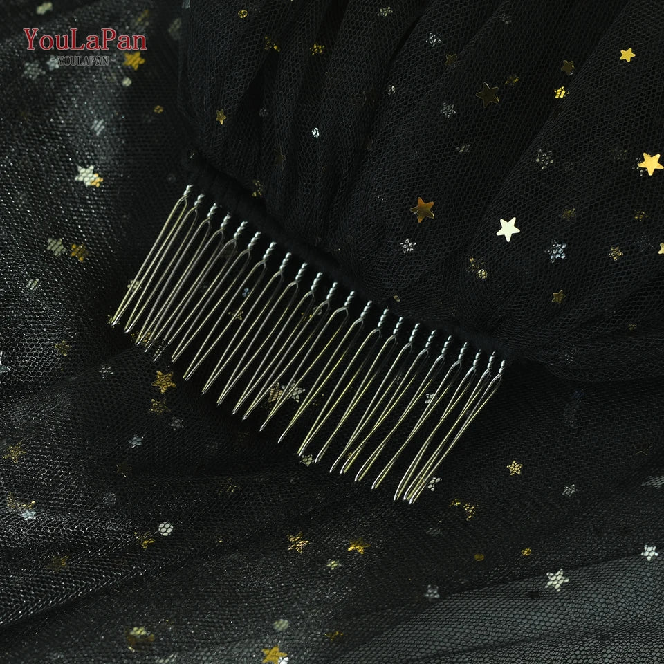 TOPQUEEN Bridal Black Soft Gauze Veil Single Layer 1m Star Moon Gold Sequin Black Wedding Veil Party Accessories Flash V209