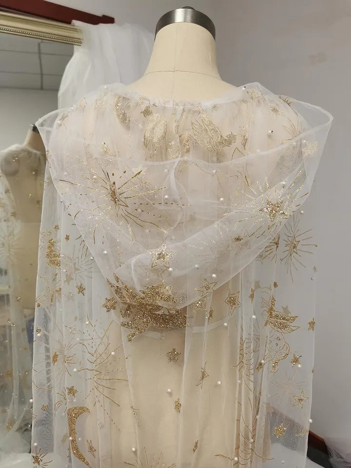Customize Hooded Wedding Cape with Pearls Gold Dust Star Moon Pegasus Fairytale Cloak Wrap 3 M Long Train Wedding Cape with Hood