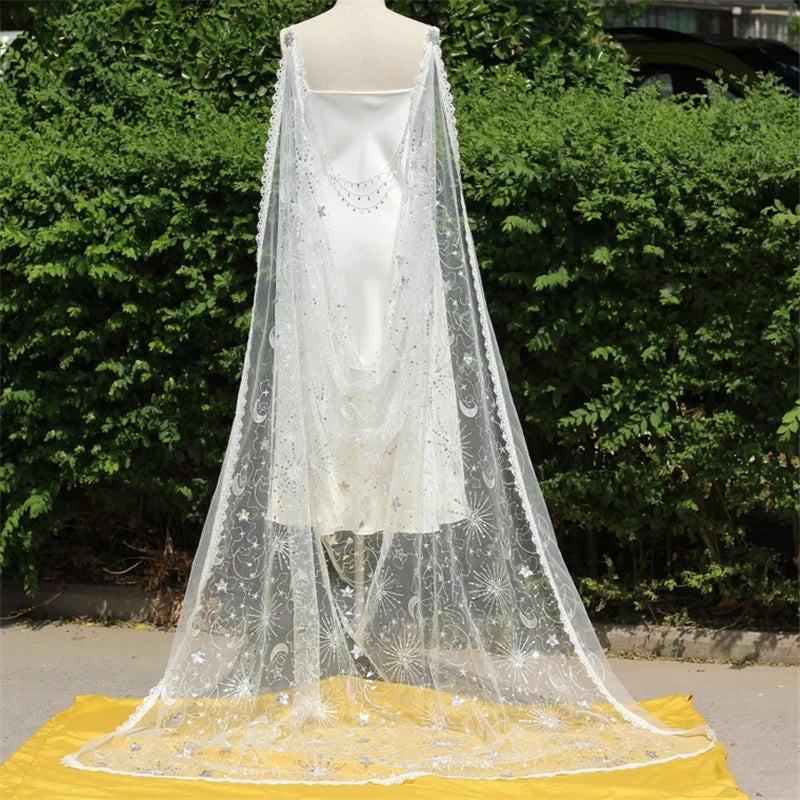 White Silver Sequins Sparkly Bridal Wedding Cape Shoulder Veils Accessories Cathedral Long Stars Moon Night Lace Tulle Starry