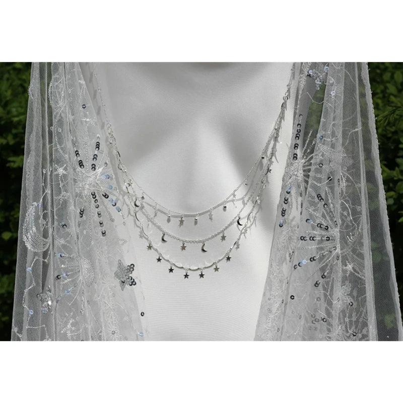 White Silver Sequins Sparkly Bridal Wedding Cape Shoulder Veils Accessories Cathedral Long Stars Moon Night Lace Tulle Starry