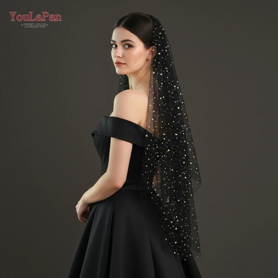 TOPQUEEN Bridal Black Soft Gauze Veil Single Layer 1m Star Moon Gold Sequin Black Wedding Veil Party Accessories Flash V209