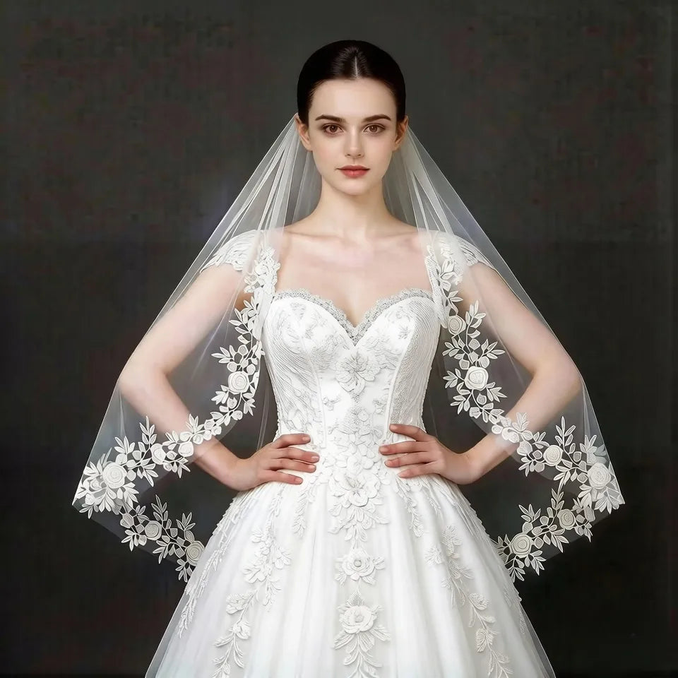 Elegant Bridal Wedding Veil Bridal Rose Lace Appliques White Ivory Soft Tulle With Comb Fingertip Face Cover Accessory G164