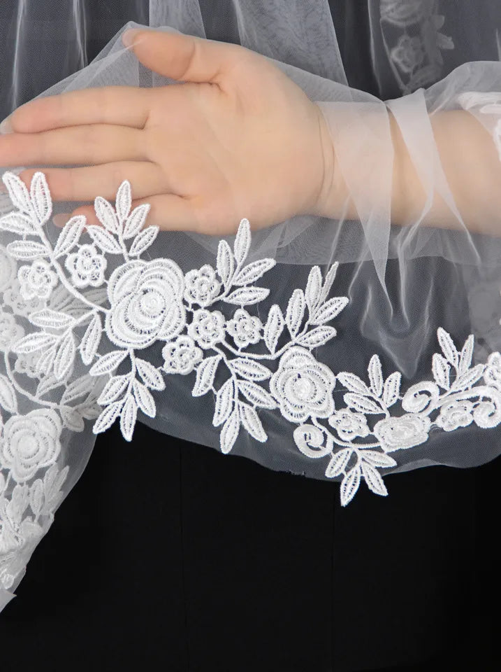 Elegant Bridal Wedding Veil Bridal Rose Lace Appliques White Ivory Soft Tulle With Comb Fingertip Face Cover Accessory G164