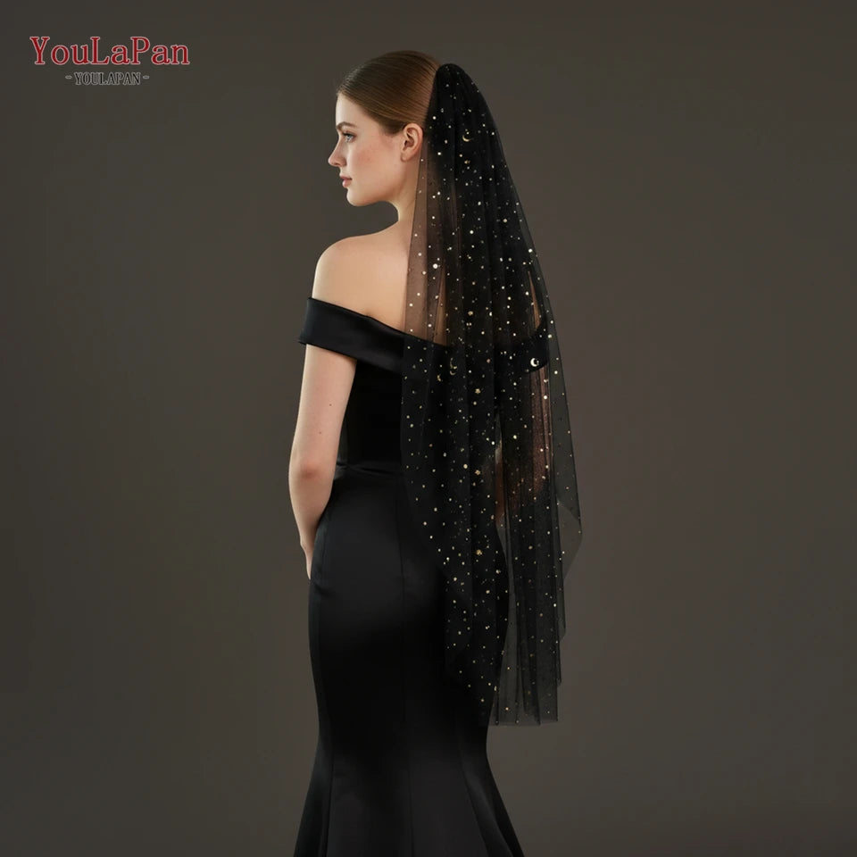 TOPQUEEN Bridal Black Soft Gauze Veil Single Layer 1m Star Moon Gold Sequin Black Wedding Veil Party Accessories Flash V209