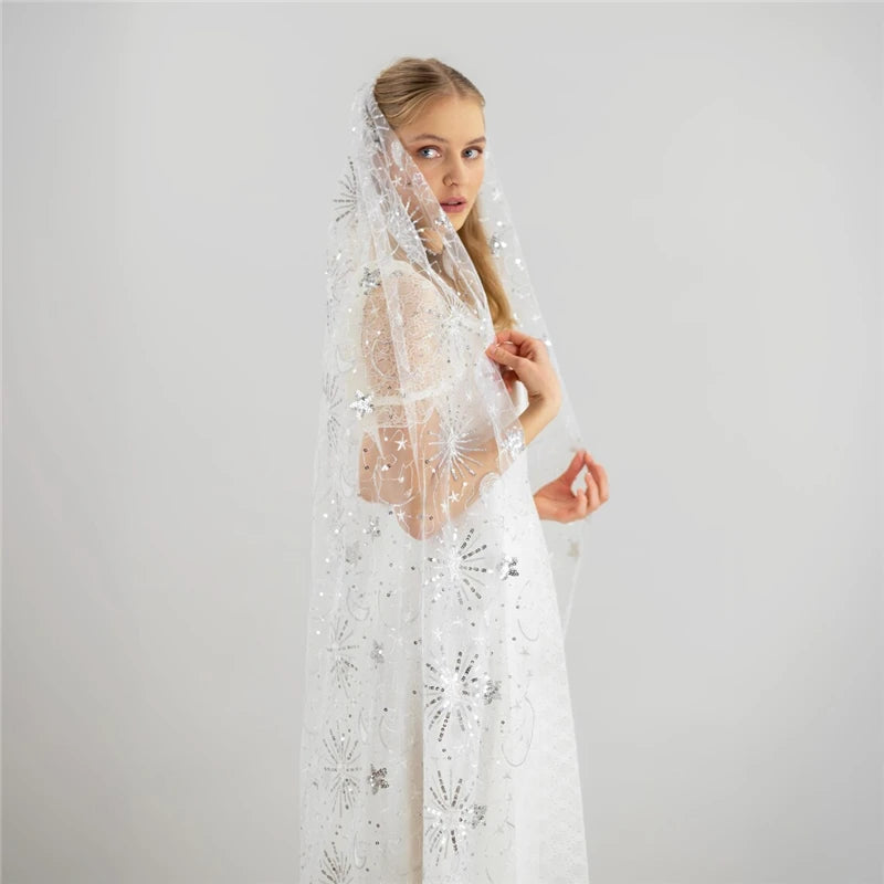 Celestial Silver Sequins Sparkly Bridal Wedding Veils With Comb Accessories Cathedral Long Stars  And Moon Tulle Starry Motifs