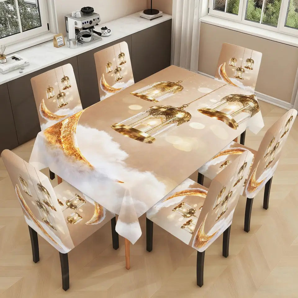 LANMOLIFE 5/7PCS Dining Chair Cover Tablecloth Set Dreamy Luxury Gold Lantern Moon Pattern Soft Fabric for Banquets Home Decor