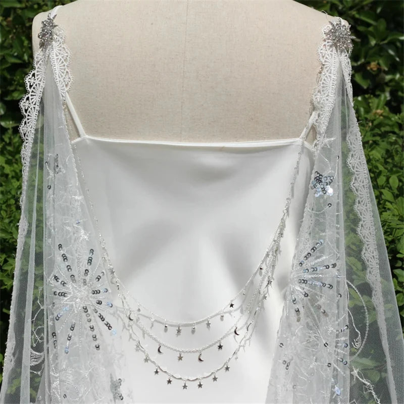 White Silver Sequins Sparkly Bridal Wedding Cape Shoulder Veils Accessories Cathedral Long Stars Moon Night Lace Tulle Starry