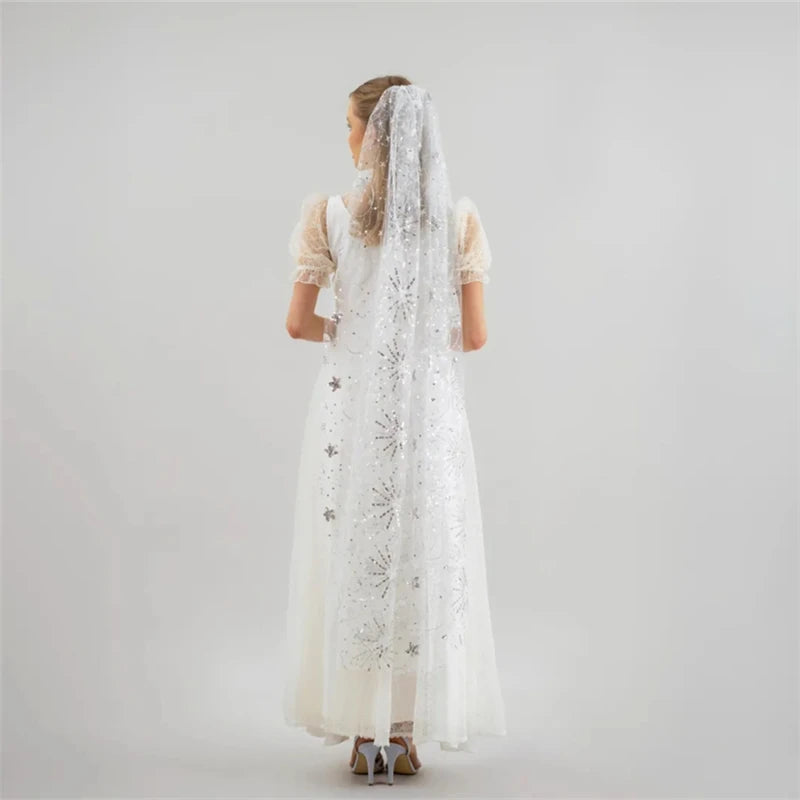 Celestial Silver Sequins Sparkly Bridal Wedding Veils With Comb Accessories Cathedral Long Stars  And Moon Tulle Starry Motifs