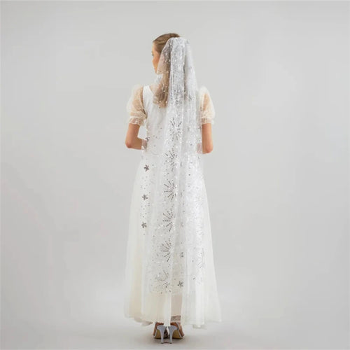 Celestial Silver Sequins Sparkly Bridal Wedding Veils With Comb Accessories Cathedral Long Stars  And Moon Tulle Starry Motifs
