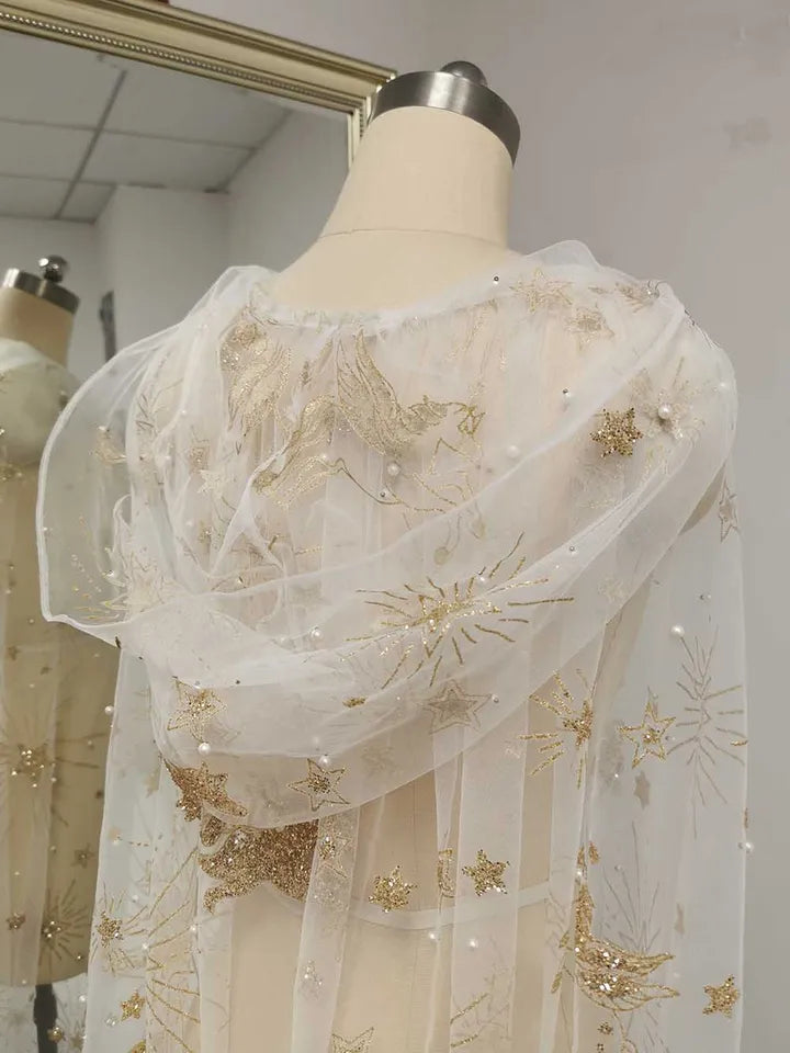 Customize Hooded Wedding Cape with Pearls Gold Dust Star Moon Pegasus Fairytale Cloak Wrap 3 M Long Train Wedding Cape with Hood