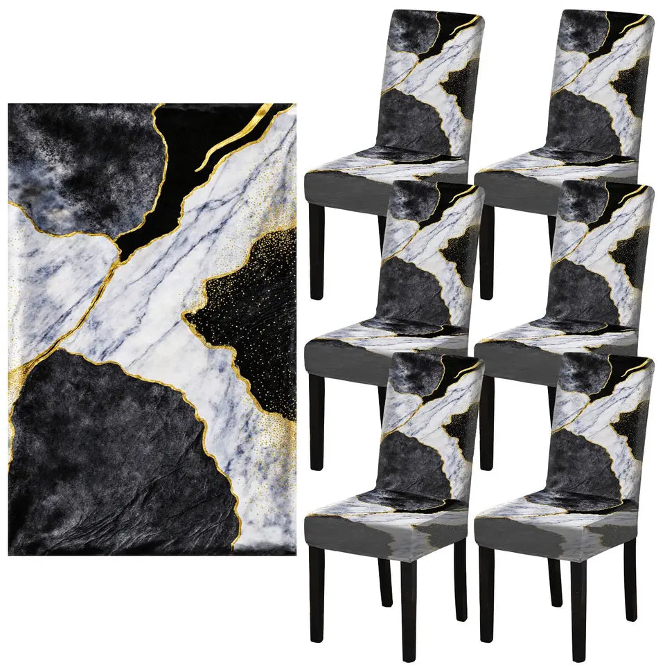 LANMOLIFE 5/7PCS Dining Chair Cover Tablecloth Set Dreamy Luxury Gold Lantern Moon Pattern Soft Fabric for Banquets Home Decor
