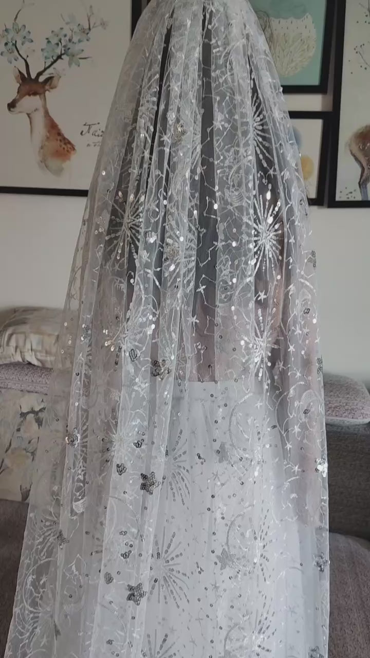 Celestial Silver Sequins Sparkly Bridal Wedding Veils With Comb Accessories Cathedral Long Stars  And Moon Tulle Starry Motifs