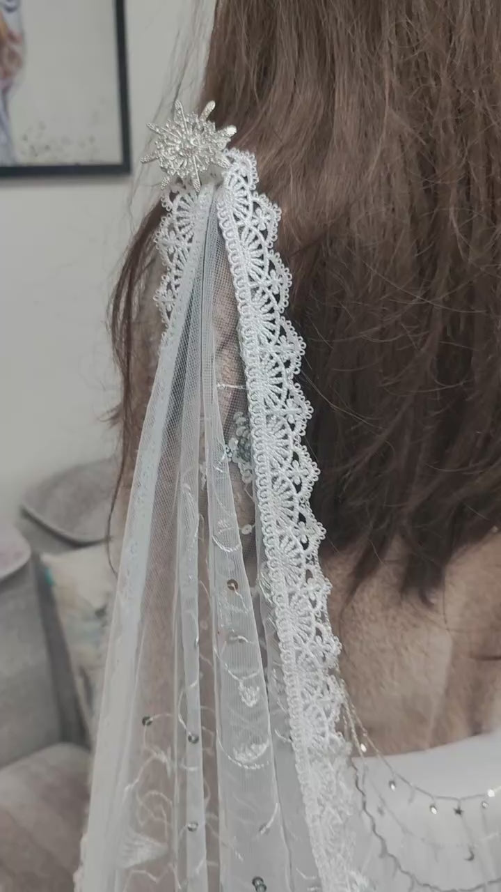 White Silver Sequins Sparkly Bridal Wedding Cape Shoulder Veils Accessories Cathedral Long Stars Moon Night Lace Tulle Starry
