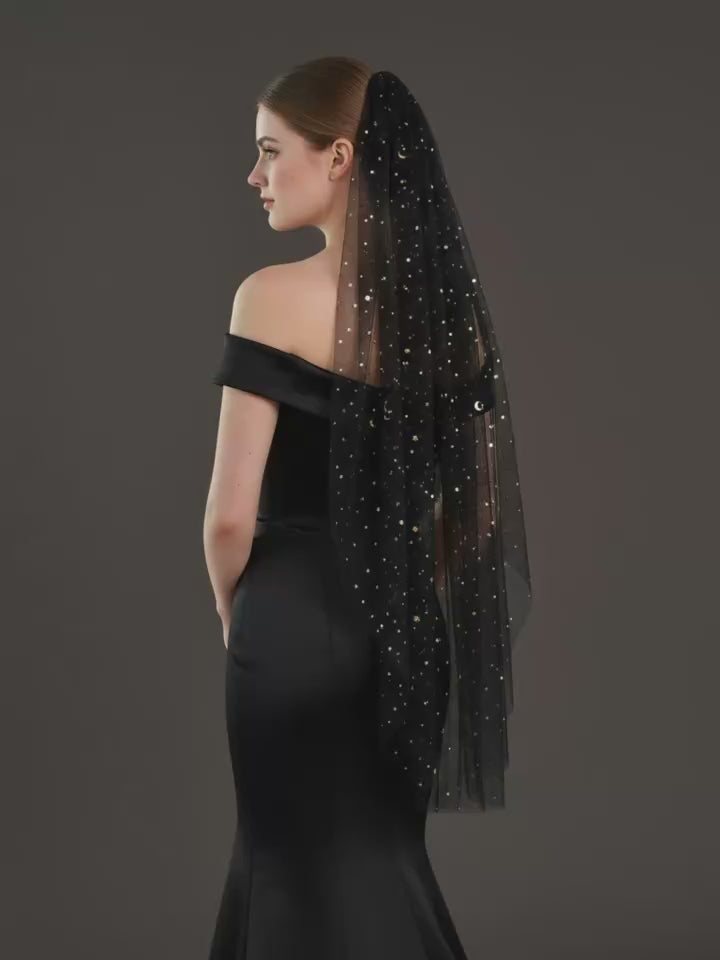 TOPQUEEN Bridal Black Soft Gauze Veil Single Layer 1m Star Moon Gold Sequin Black Wedding Veil Party Accessories Flash V209